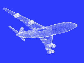 Fototapeta na wymiar model samolotu odrzutowego na niebieskim tle