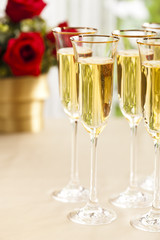 Wedding reception setting with champagne