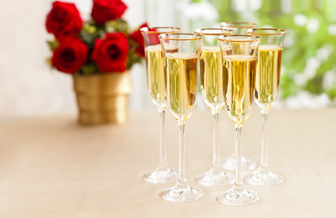 Wedding reception setting with champagne