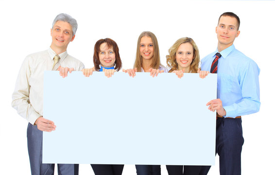 group of business people holding a banner