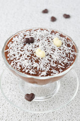 chocolate mousse with chocolate hearts decorated with coconut