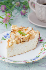 piece of cottage cheese pie with apples on a plate, closeup