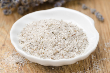 sea ​​salt with lavender in a white bowl closeup