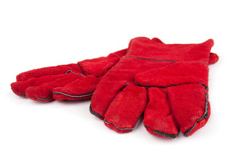 Work red glove is isolated on a white background