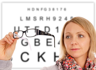 Woman with glasses and eye test panel