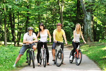 Group of four adults on bicycles in the countryside