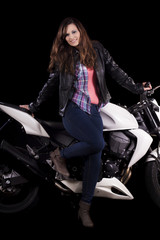 Obraz na płótnie Canvas piękna dziewczyna obok białego motocyklu