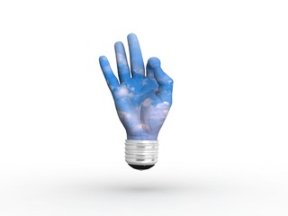 3D lightbulb - hand OK with sky. Concept - eco energy.