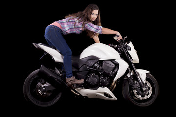 Obraz na płótnie Canvas piękna dziewczyna obok białego motocyklu