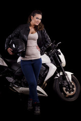 Plakat piękna dziewczyna obok białego motocyklu