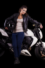 beautiful girl next to a white motorbike