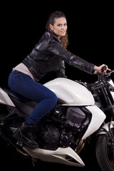 beautiful girl next to a white motorbike
