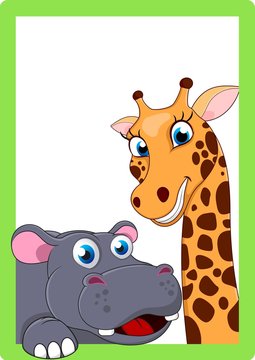 Illustration Of Giraffe And Hippo Cartoon On Frame