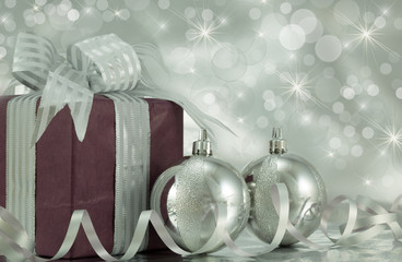 Wrapped Gift with Silver Baubles.