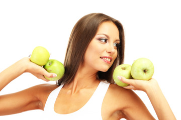 beautiful young woman with green apples, isolated on white