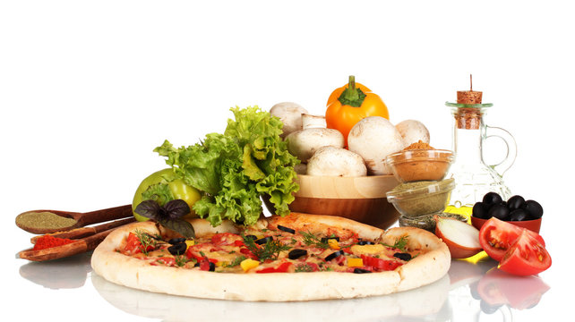 delicious pizza, vegetables, spices and oil isolated on white