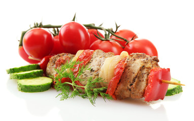 tasty grilled meat and vegetables on skewer, isoalted on white