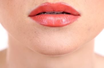 Fototapeta premium beautiful make up of gloss lips, close up