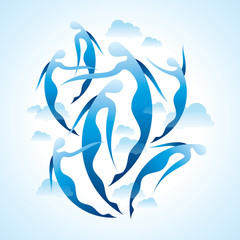 Flying fairy group silhouette in sky