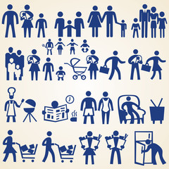 Family icons, people silhouettes set of various things