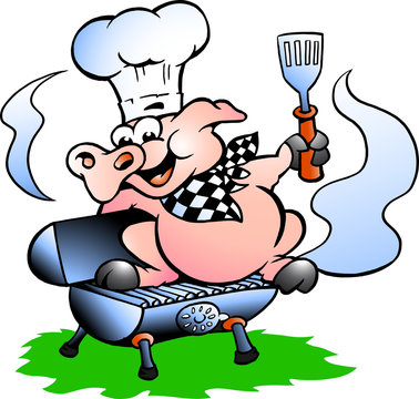 Vector illustration of an Chef Pig standing on a BBQ barrel
