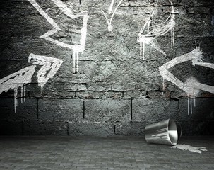 Mur de graffitis avec cadre et flèches, fond de rue