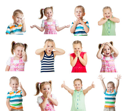collection of kids with different emotions isolated on white bac