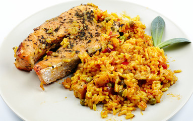 Red salmon with garnish