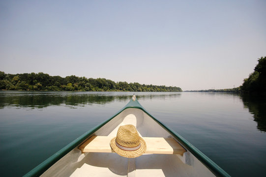 Bow of a canue on the river Sava near Belgrade , Serbia