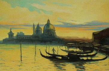 gondolas on landing stage in venice, painting by oil paints , il