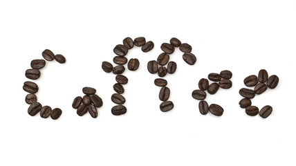 The word of coffee is made of coffee beans is isolated on a whit