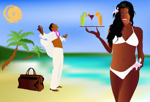 Summer romantic travel on exotic tropical island. Vector