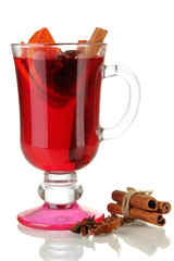 Fragrant mulled wine in glass isolated on white