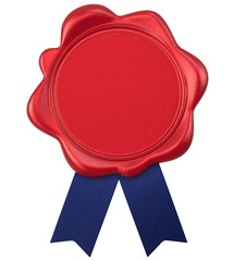 red wax seal with blue ribbons