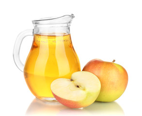 Full jug of apple juice and apple isolated on white