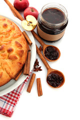 tasty homemade pie, apples and jam, isolated on white