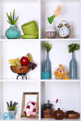 Beautiful white shelves with different home related objects