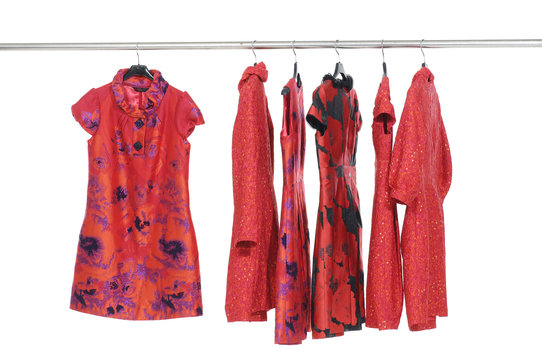 Rows Of Red Evening Gown On A Clothesline