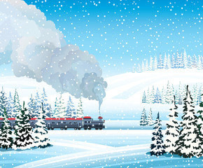 Train with smoke and winter landscape.