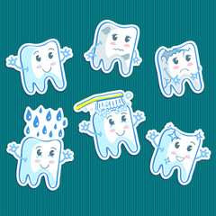 Set of six illustrations with teeth in funny cartoon style