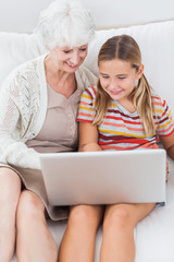 Smiling girl using laptop with granny