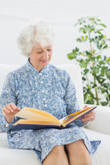 Elderly happy woman looking at her family album