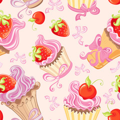 Seamless pattern with cupcakes, strawberry and cherry