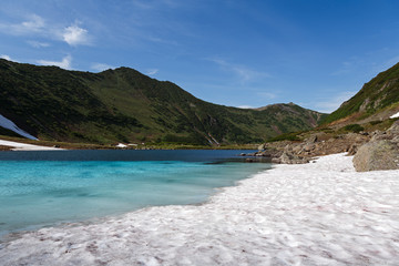 Mountains and Blue Lake on the Kamchatka Peninsula