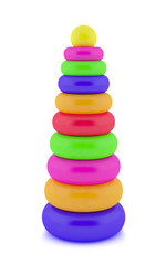 Plastic toy pyramid 3d render. Colorful ring tower isolated