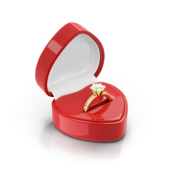 Isolated red ring box with golden ring on white background