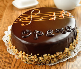 French opera cake on a brown table