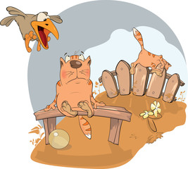 Cat and a raven. Cartoon