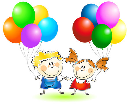 Children with balloons at the festival, greeting card