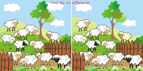 Afwasbaar Fotobehang Boerderij schapen-vind 10 verschillen